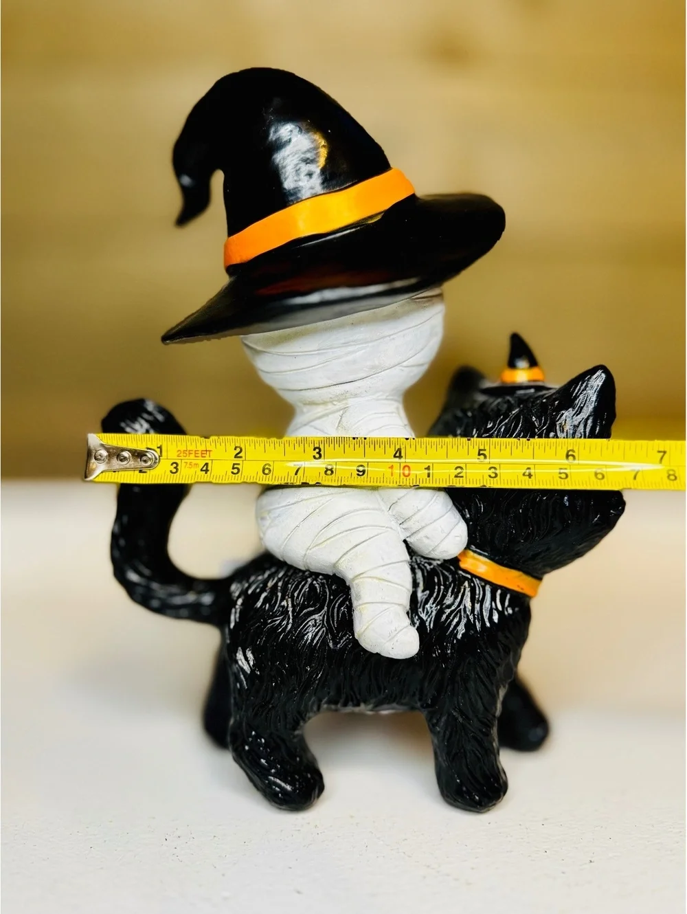 Halloween Mummy Riding Black Cat Figurine - Light Up Eyes Witch Hats 8